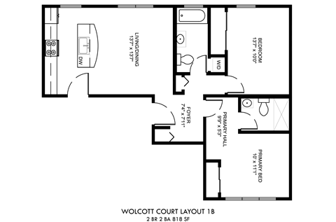 Floor plan for 2 beds, 2 baths, 826 sqft